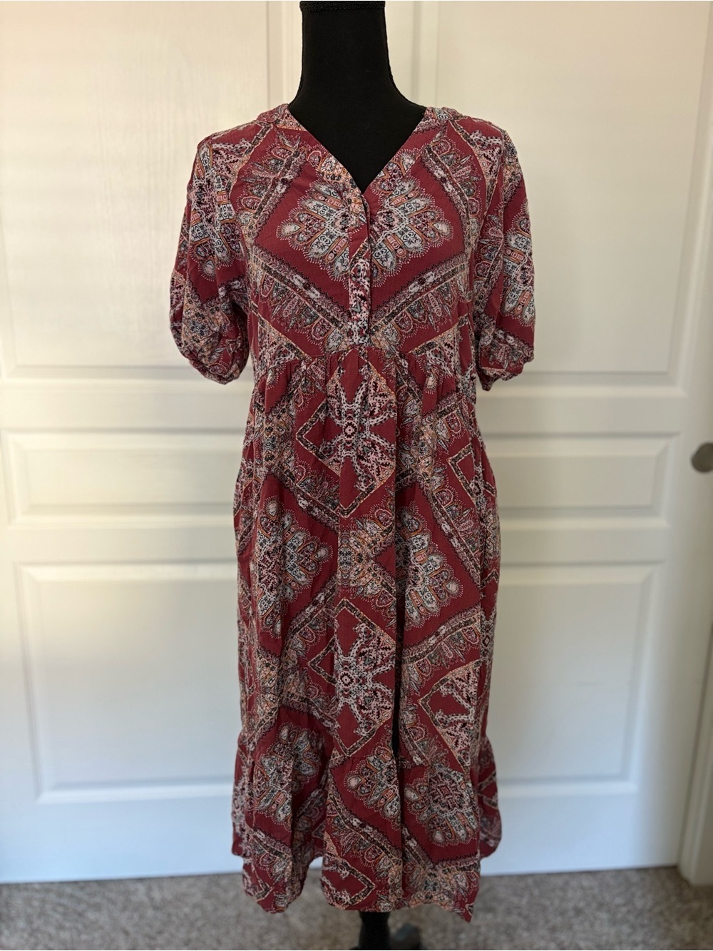 Knox Rose Dusty Pink/Mauve Paisley-Print Short Sleeve Midi Dress w Pockets